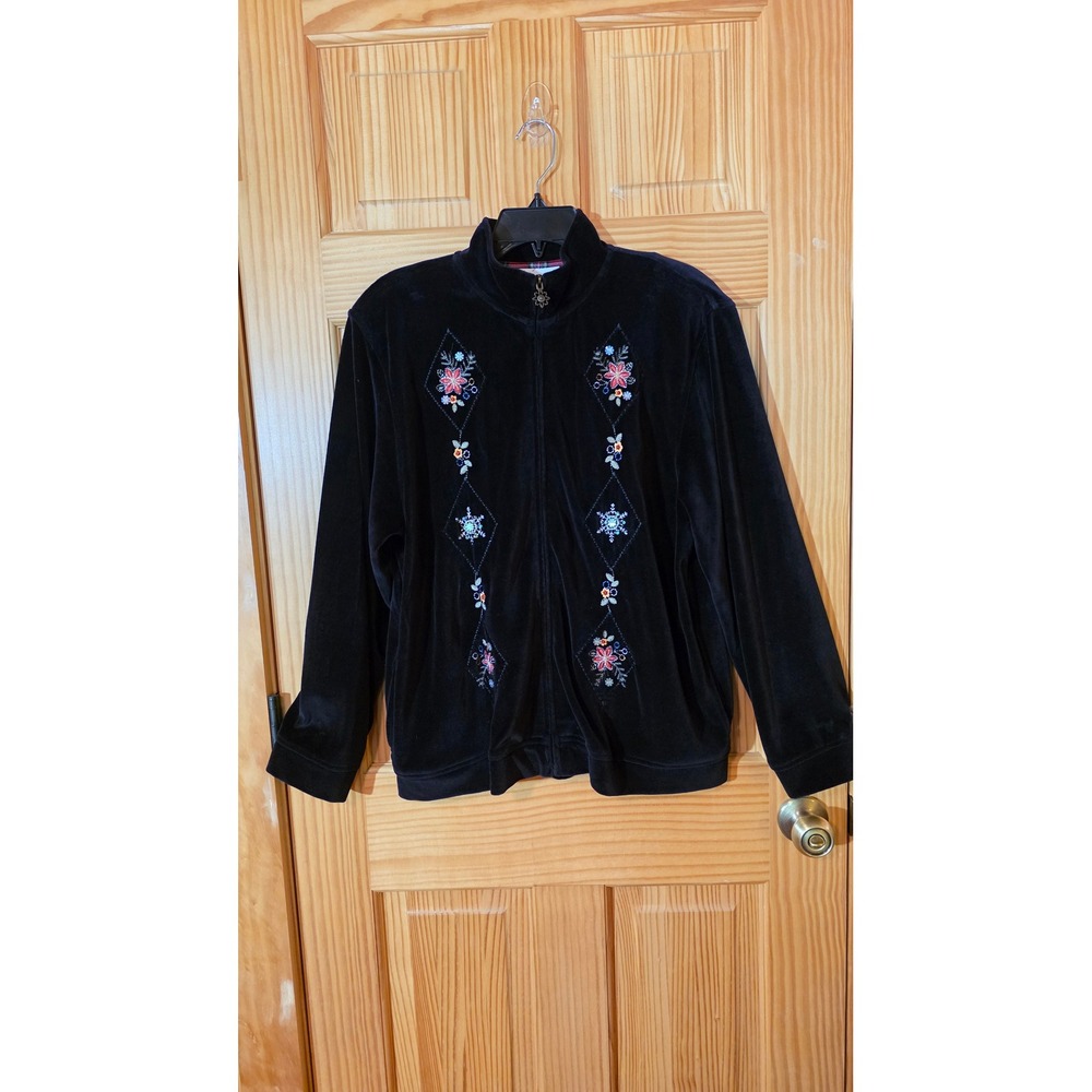 Alfred Dunner Black Velour Embroidered Floral Snowflake Zip Up Jacket Size 12